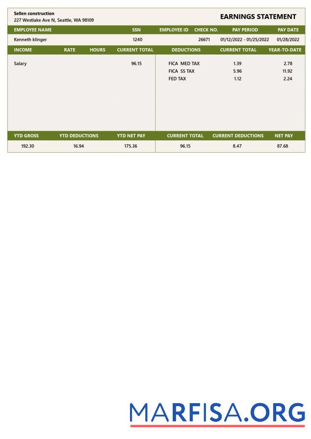 Printable Sellen Construction Easrnings STATEMENTSs sample